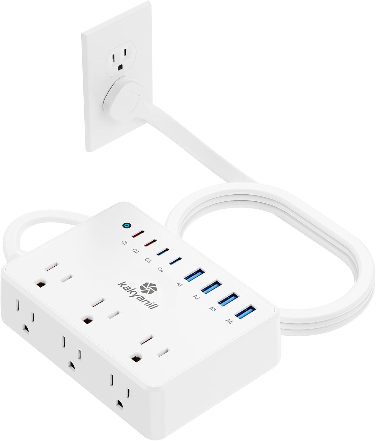 Kakyanill 100W Charging Station, Power Strip with 6 AC Outlets 8 USB Ports | Surge Protector, 5ft Flat Plug Extension Cord, Compact for Desk Home Office Dorm, White
