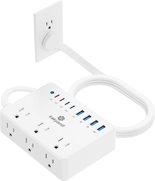 Kakyanill 100W Charging Station, Power Strip with 6 AC Outlets 8 USB Ports | Surge Protector, 5ft Flat Plug Extension Cord, Compact for Desk Home Office Dorm, White