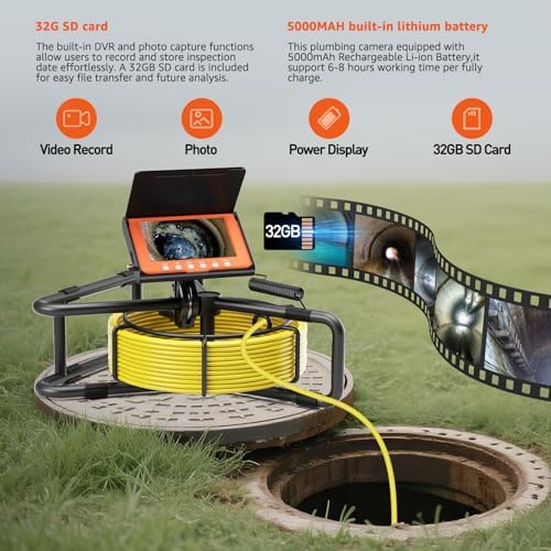 Sewer Camera 100FT, 5'' HD 1080P w/DVR-32GB Pipe Inspection Camera 5000mAh | Drain Camera IP68 Waterproof Snake Plumbing Tool with Lights 100FT Marked Cable Borescope with Lights 6 LED Plumbing Cameras