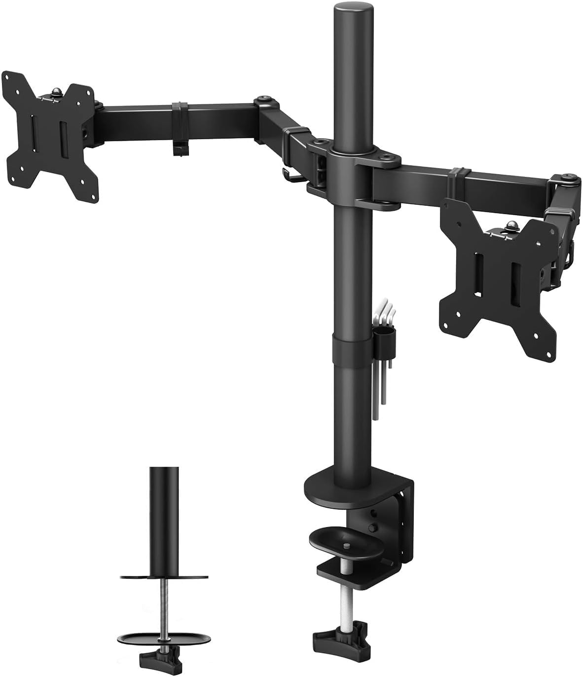 BONTEC Dual Monitor Desk Mount, 13-27 Inch, 22lbs, VESA 75x75/100x100,Black | Full Motion Adjustable Stand, Heavy Duty Arms, C Clamp and Grommet Base, Cable Management for Flexible Screen Positioning