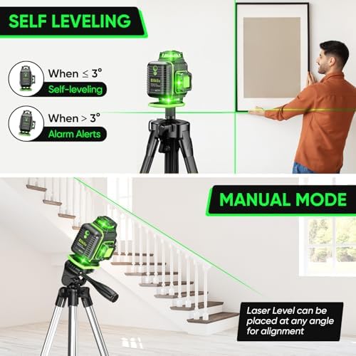 Elikliv Laser Level with Tripod, 4x360° lazer leveler tool | 165Ft Green Laser Level Lines Tool, 360 Self Leveling for Construction, Picture Hanging, Floor Tile, Renovation