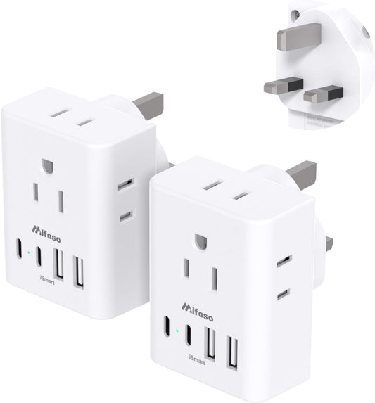 2 Pack US to UK Ireland Travel Plug Adapter, Type G Plug Adapter with 4 Outlets 4 USB Ports (2 USB C), UK Power Adapter for USA to London England Scotland British Kenya Qatar Hongkong