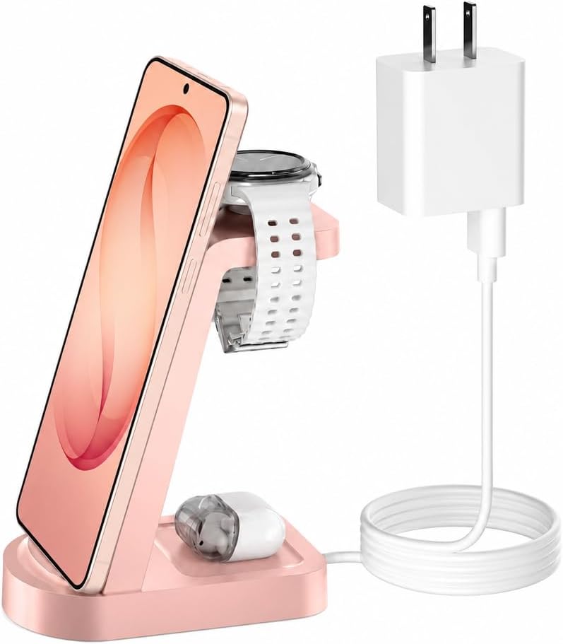 Wireless Charger for Samsung/Android, HOLYJOY Foldable 3 in 1 Fast Charging Station/Stand/Multi Charger for Samsung S25 Ultra/S24/Note 20, Travel Pad for Galaxy Watch 8/7/6/5/Active 2, For Buds(Black)