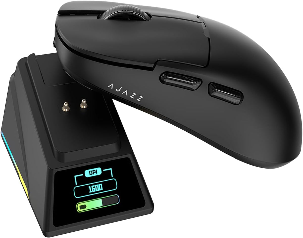 DAIDAI Ajazz AJ159 APEX Wireless Gaming Mouse with TFT Color Screen Charging Dock, 56g Ultra-Lightweight Ambidextrous Mice, PAW3950 Sensor, Tri-Mode, White