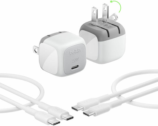 Belkin 20W Compact USB C Charger Block, 2 Pack, Fast Charging for Travel | PD 3.1, Travel Charger, iPad, iPhone 17, Samsung Galaxy, Pixel, AirPods, Apple Watch, Foldable Prongs, 3.3 ft Cables Included