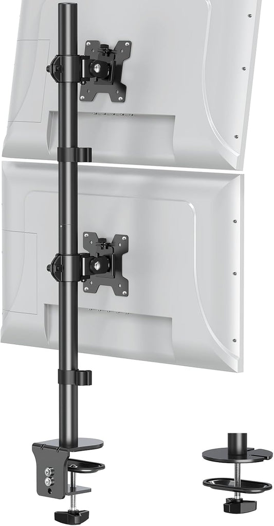 Vertical Dual Monitor Stand for Max 32 "Computer Screen | Holds up to 17.6 lbs Each Stacked Monitor Mount Height Adjustable, Swivel, Tilt Monitor Desk Mount, VESA 75/100