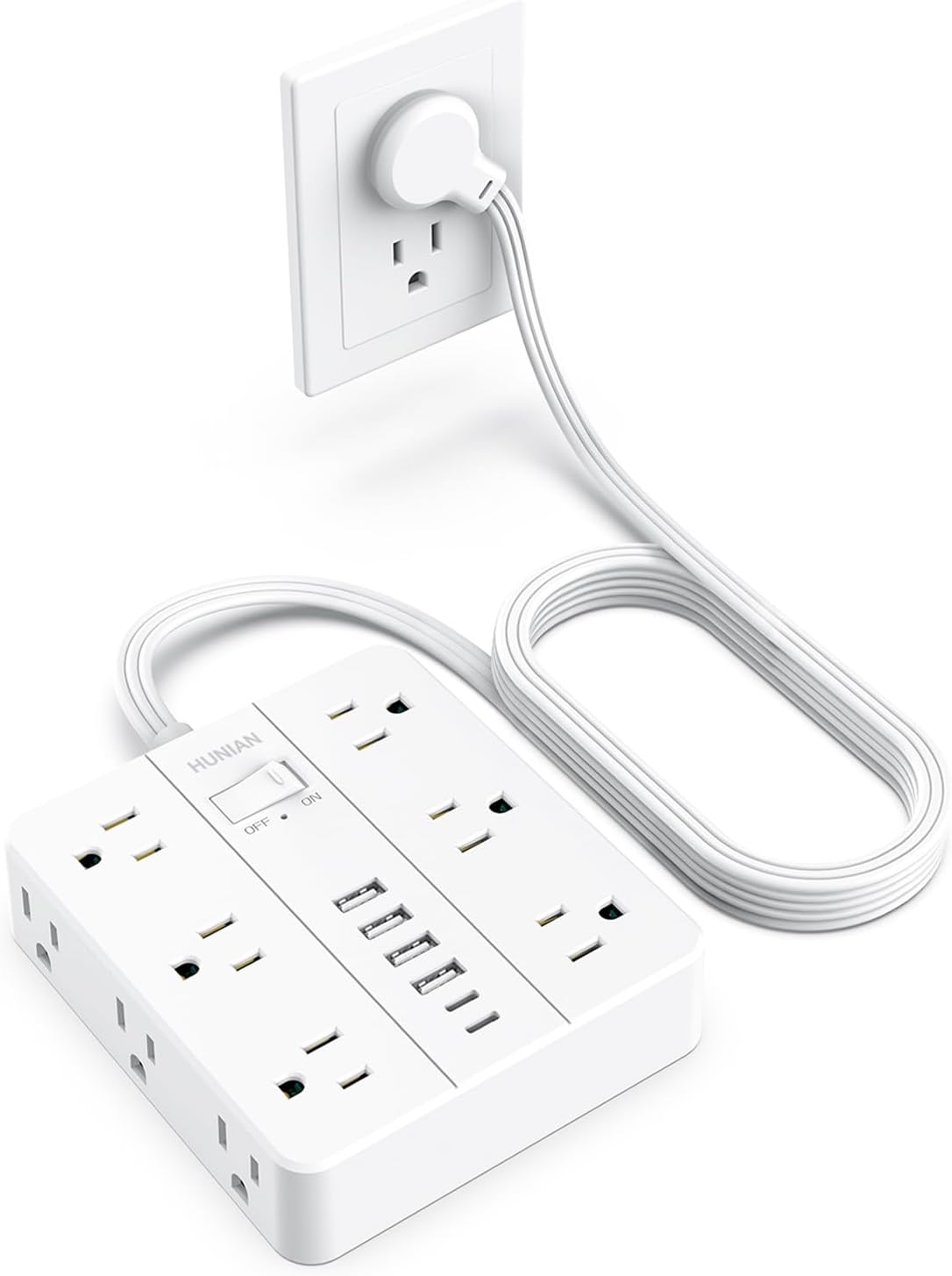 Flat Plug Power Strip, 5Ft Extension Cord with Multiple Outlets