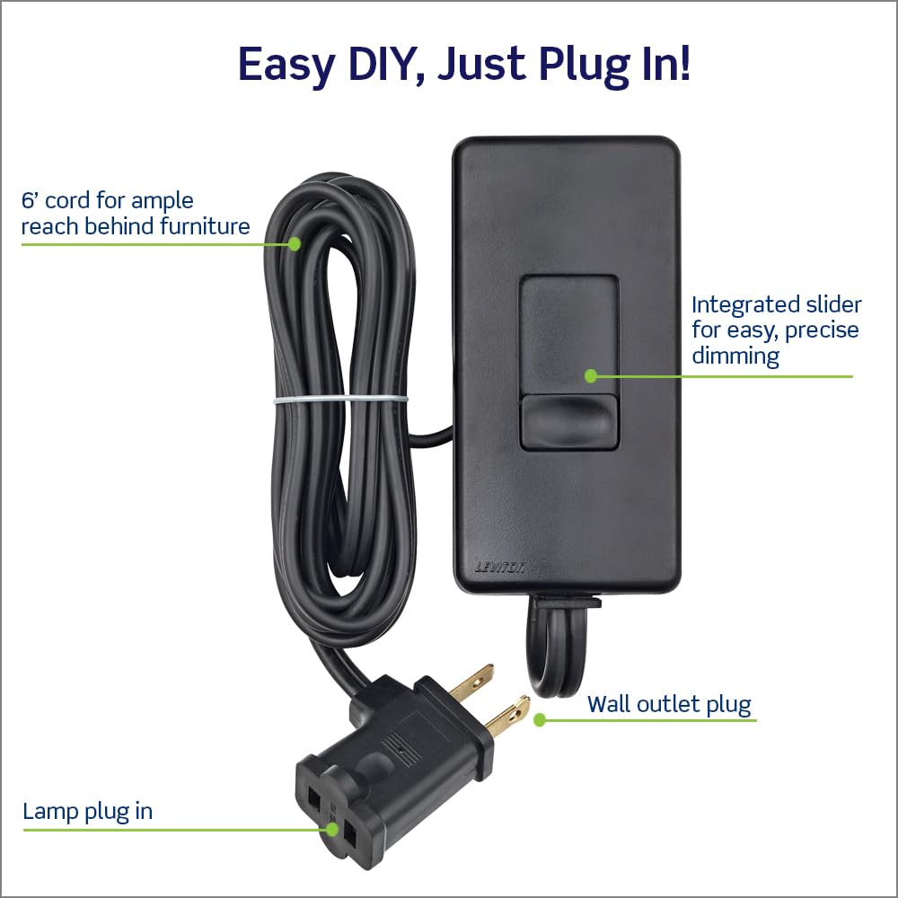 Leviton Table Top Plug in Lamp Dimmer for Dimmable LED, Halogen and Incandescent Bulbs, TBL03-10E, Black