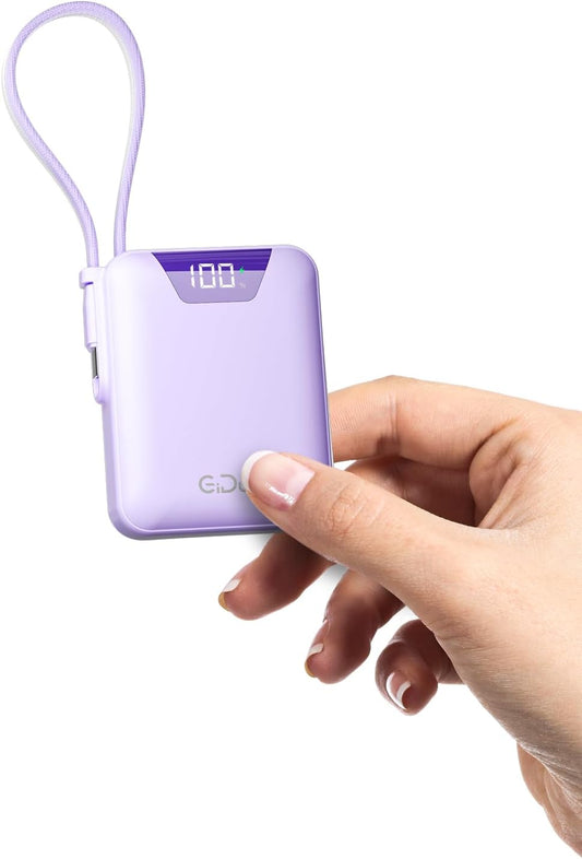 M1 Mini Portable Charger, 10000mAh Ultra-Compact Power Bank, 22.5W PD Fast Charging, Tpye-C Built-in Cable, Small External Battery Pack for iPhone, Samsung, Android iPad (Purple)