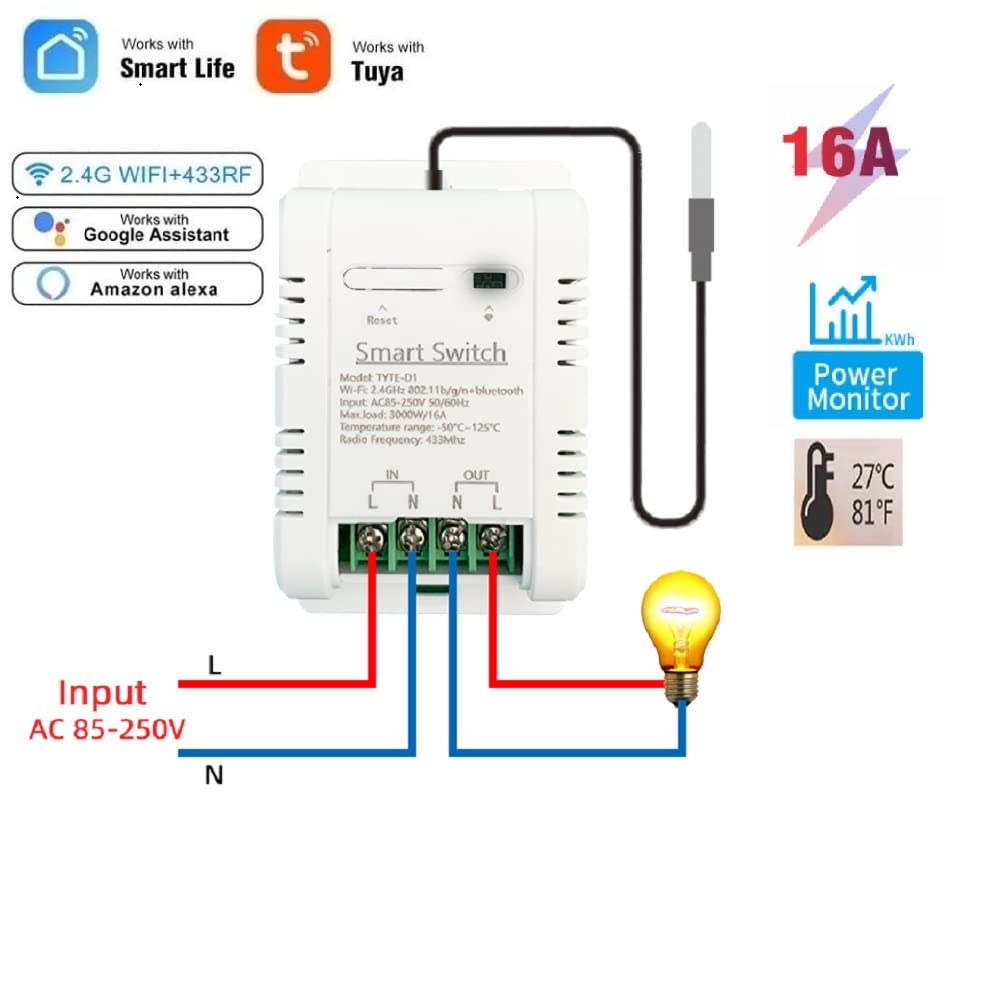 WiFi Temperature Controller Sensor Module, Tuya app Wireless Remote 16A Smart Switch with Energy Consumption Monitoring,Compatible with Alexa Google