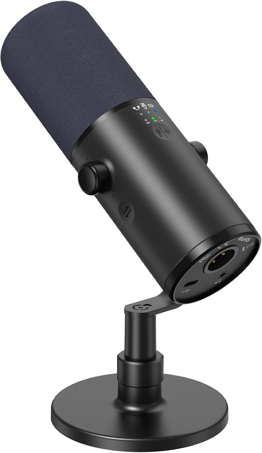 TONOR Dynamic Podcast Microphone for Studio, Cardioid XLR/USB Mic, AI Noise Cancellation, Tap Mute, 3.5mm Headphone Jack for Monitoring, Volume Control, Microfono with Desktop Stand, Black, TD510 AIR