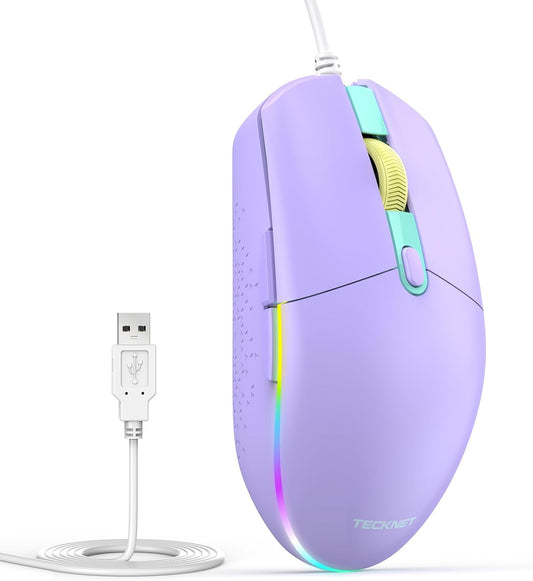TECKNET Wired Mouse with RGB Backlit, Full Size Mouse with Side Buttons | Up to 8000 DPI, Plug and Play Silent Corded USB Computer Mouse, 7 Adjustable RGB Lighting Modes, Office and Gaming Mice