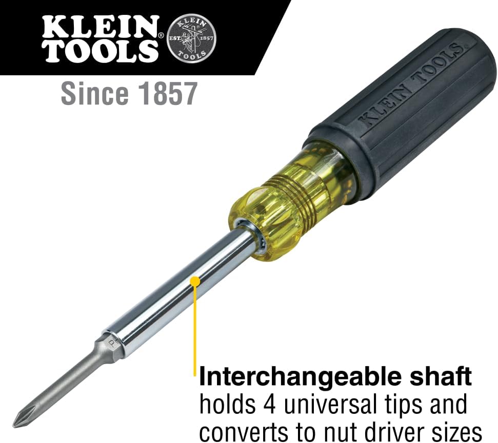 Klein Tools 32559 Multi-bit Screwdriver / Nut Driver, Extended Reach 6-in-1 Tool with Nut Driver, Phillips and Slotted Bits