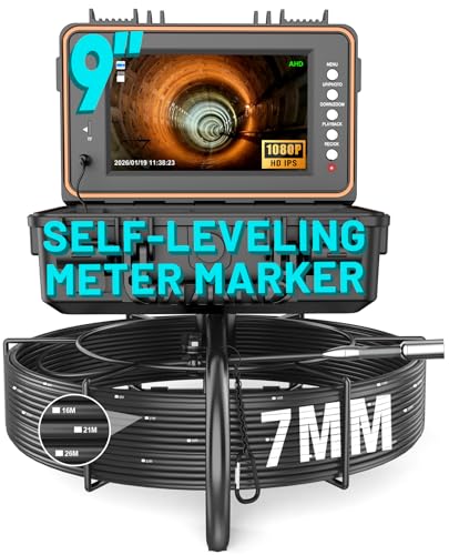 Anysun Sewer Camera Self Leveling 100ft, Sewer Inspection Camera with Meter Marker, HD Screen, DVR, 12 Adjustable LED Lights, 7mm Cable, 5100mAh Rechargeable Battery, 32GB Card