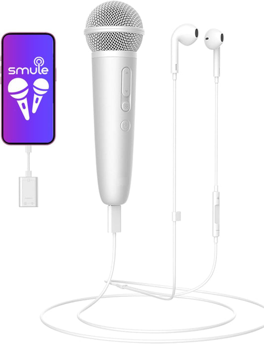 Singing Microphone with Earphone, Ideal for Vocal Recording, Podcasting, Live Streaming, Gaming, Compatible with Smule & Starmaker & Stingray, USB-C Dongle & Lightning Adapter, White