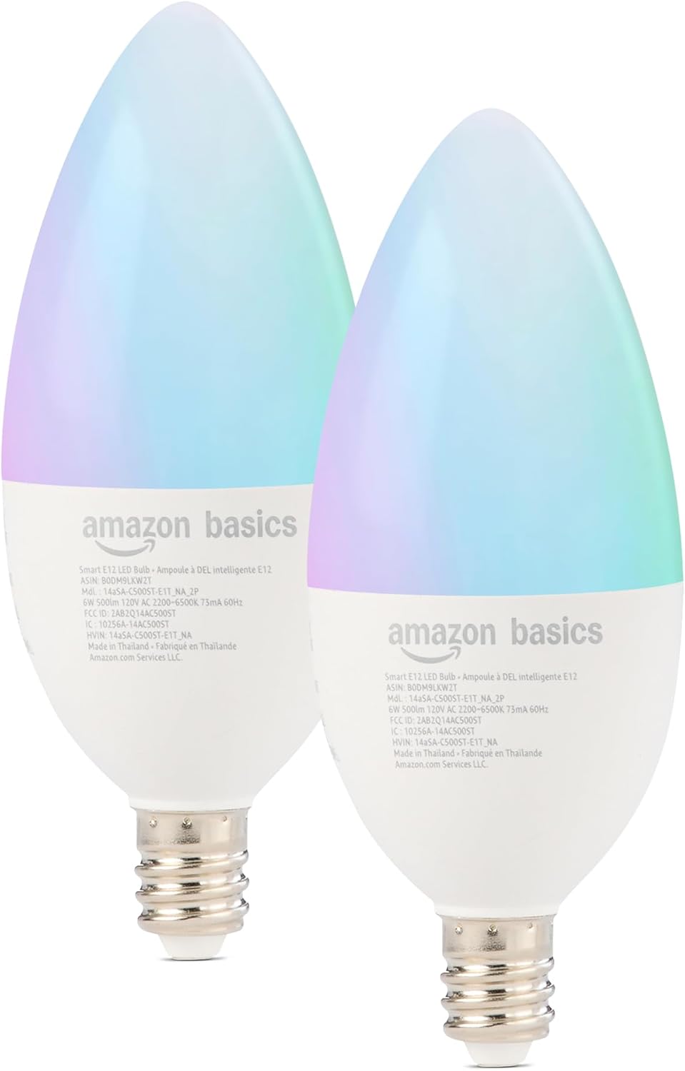 Amazon Basics Smart E12 LED Bulb, 6.0 Watts, 2.4 GHz Wi-Fi only, Works with Alexa Only, 2 Pack, Multicolor