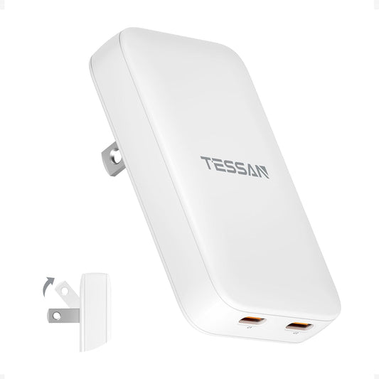 USB C Wall Charger Block PD 65W, TESSAN Flat Fast Phone Charger Foldable | 2 USB C, GaN Type C Fast Charging Block, 0.58'' Ultra Slim Charger, for iPhone 17/16/15 Series, Samsung Galaxy Models, Travel
