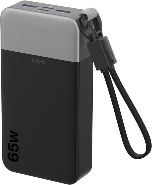 JUOVI Power Bank 65W 20000mAh Laptop Portable Charger with Detachable Cable | USB C Fast Charging with 4- Port, LED Display External Battery Pack for MacBookAir iPad Tablet iPhone Samsung Steam Deck etc