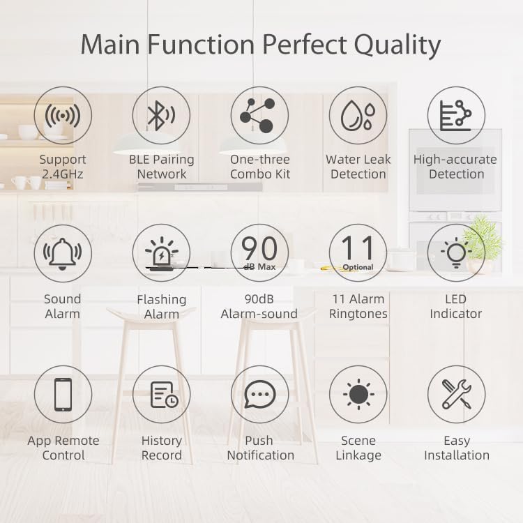 Micmi Smart Water Leak Detector Kit, WiFi Water Sensor Alarm Ultra-Long Range, SMS/APP/Email Alerts, 3 Water Sensors and 1 Base Station, Suit for Home/Basement/Kitchen/Laundry