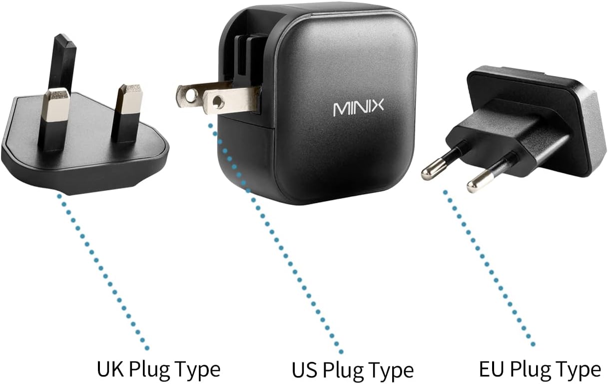 MINIX P1 66W Turbo 3-Port GaN Travel Wall Charger USB C Fast Power Adapter | Foldable Plug (2x USB-C, 1x USB-A) Compatible with MacBook Pro Air, iPad Pro, iPhone 17/16/15/13, Galaxy S25 (US/UK/EU Plugs)