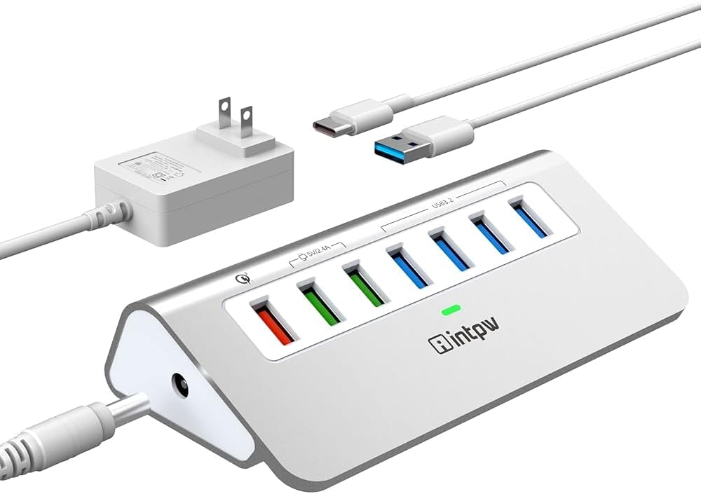 Powered USB Hub 10Gbps, intpw USB Port Hub with 10 Port USB 3.1 Data, 36W Power Adapter, 3.3FT USB-A & USB-C Cables, Aluminum USB Hub for PC, Laptop, Mac, Desktop
