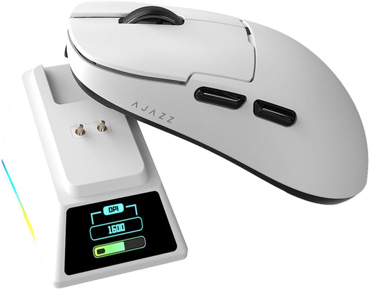 DAIDAI Ajazz AJ159 APEX Wireless Gaming Mouse with TFT Color Screen Charging Dock, 56g Ultra-Lightweight Ambidextrous Mice, PAW3950 Sensor, Tri-Mode, White