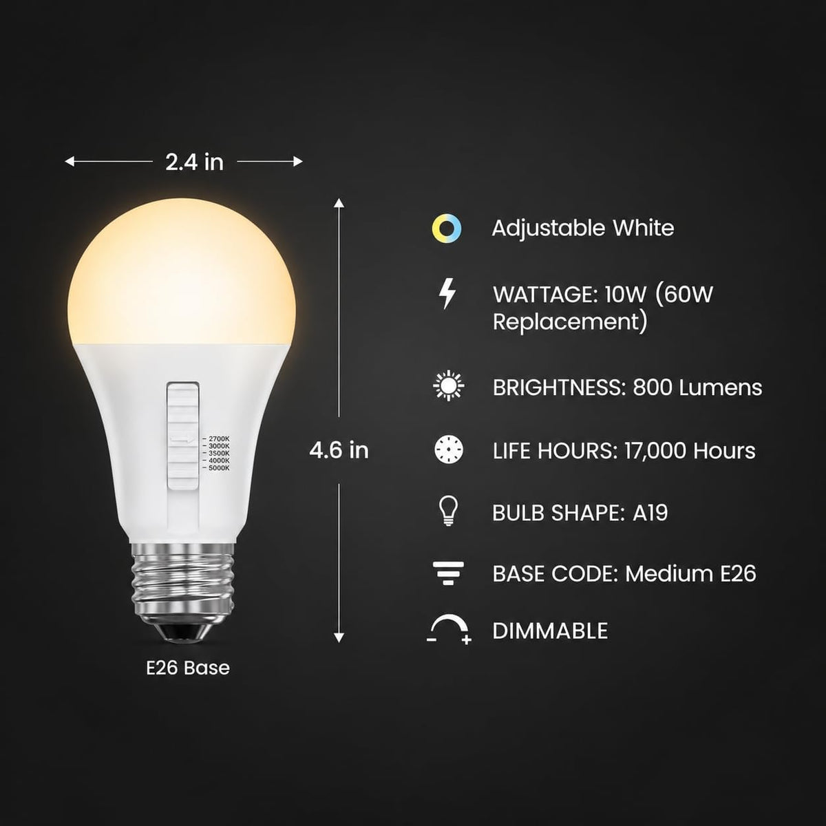 Feit Electric A19 LED Light Bulb, 60W EQ, 5CCT, Dimmable, 10-Pack