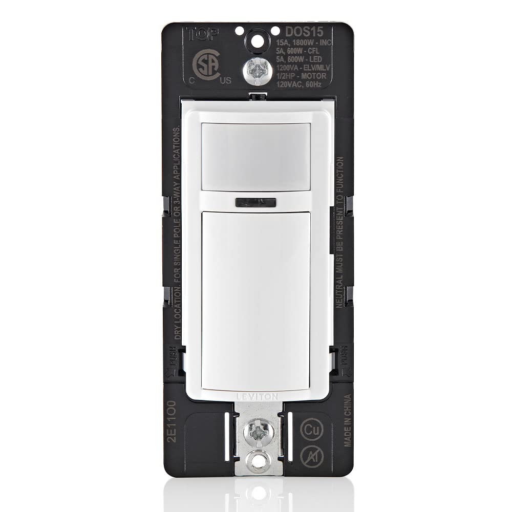 Leviton Decora Occupancy Motion Sensor in-Wall Switch, Auto-On or Manual-On, 15A, Single Pole, Multi-Way or Multi-Sensor, DOS15-1LZ, White with Ivory, Light Almond Faceplates