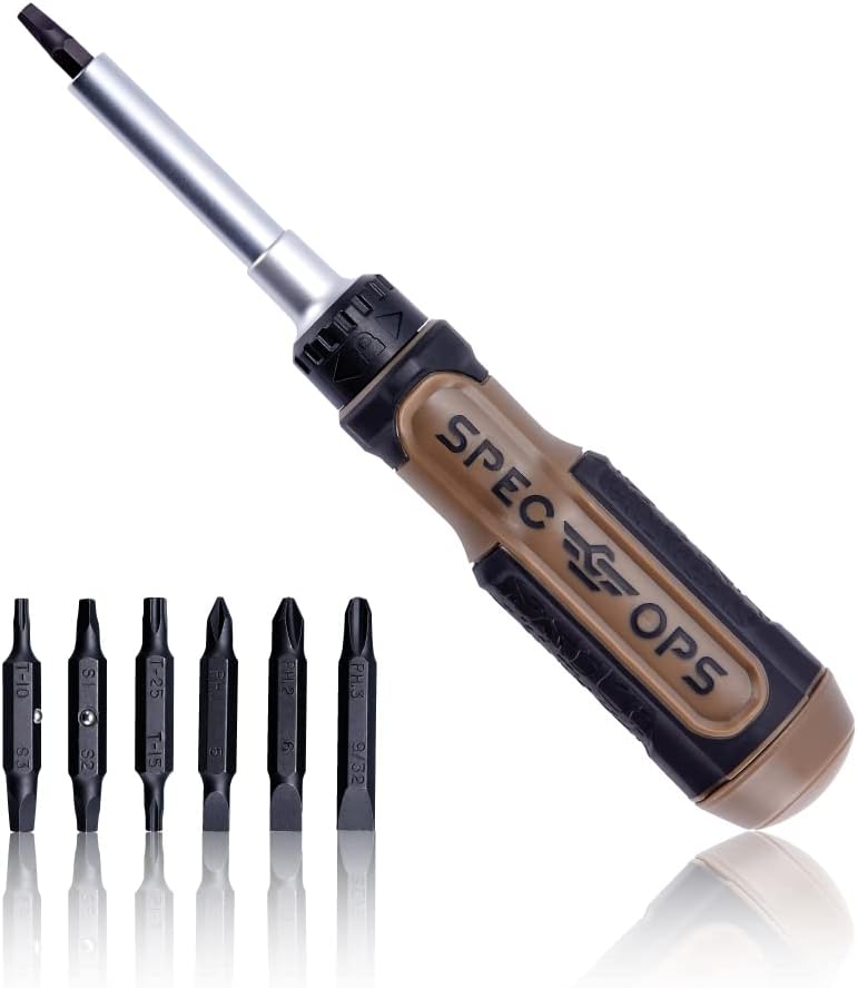 Spec Ops Tools Multi-Bit Screwdriver for Tool Belt, Tool Box, Magnetized Double-Sided Bits and Cr-Mo Steel Shaft, Ratcheting, 12-in-1