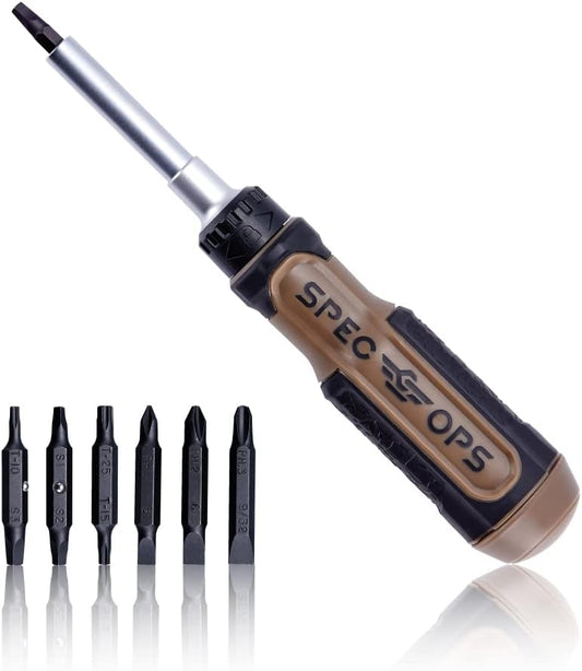 Spec Ops Tools Multi-Bit Screwdriver for Tool Belt, Tool Box, Magnetized Double-Sided Bits and Cr-Mo Steel Shaft, Ratcheting, 12-in-1
