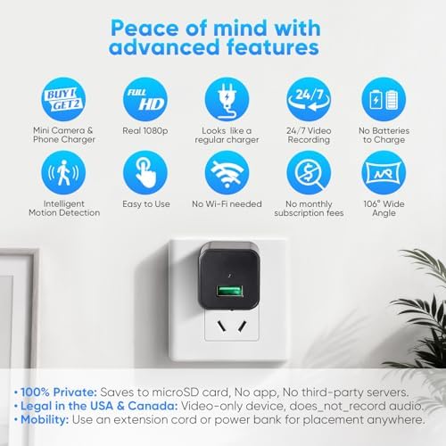 Mini Camera with 64G Card 1080P Small Security Camera Charger with Motion Detection for Indoor (No WiFi)