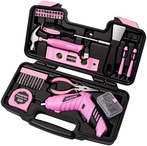 Pink Cordless Screwdriver Tool Set, 40-Piece Household Hand Tool Kit | With 3.7V Rechargeable Electric Screwdriver, Hammer, Pliers, Nails for Home Maintenance DIY Beginners