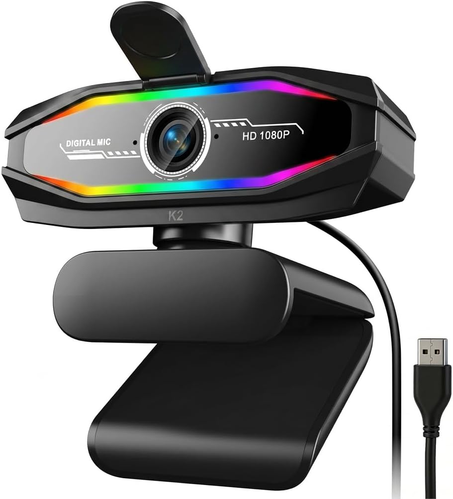 1080P Webcam with Microphone, Full HD Web Camera with RGB Light for Pc, Light Correction and Noise Cancellation Streaming Webcam, USB Computer Camera with Privacy Cover ,Plug and Play PC Web Cam