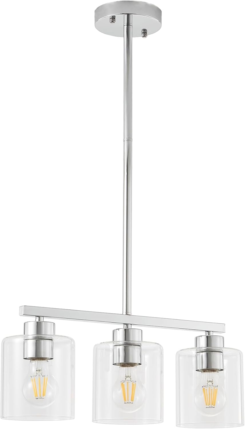 3-Light Silver Kitchen Island Lighting, Silver Pendant Light Fixture, Farmhouse Dining Room Light Fixtures Over Table, Modern Hanging Light Fixtures with Clear Glass, E26 Base