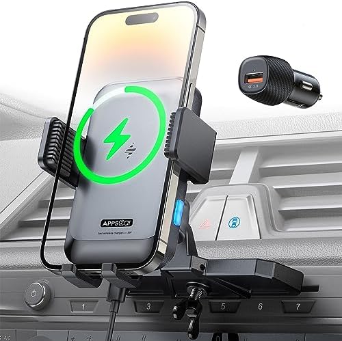 APPS2Car Wireless Car Charger Mount CD Slot Auto Clamping 15W Fast Charging | Sturdy Car Phone Holder Mount Charger for iPhone 17 16 15 14 13 12 Pro Max Plus, Samsung S25 S24 S23, Google, LG etc.