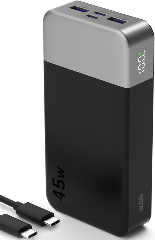 NOBIS 45W 20000mAh Portable Charger Power Bank Fast Charging | Battery Pack with 2 USB-C (in/Out) & 2 USB-A, Digital Display & Small Current Mode, Battery Bank for Phone 17 S25 Tablet