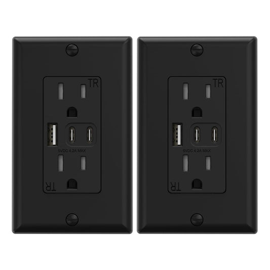 ELEGRP USB Outlets, 15 Amp Wall Outlet with 3 USB Ports, Dual USB C Ports Outlets, TR Tamper-Resistant USB Outlets Receptacles, Wall Plate Included, UL/CUL Listed, 2 Pack, Black