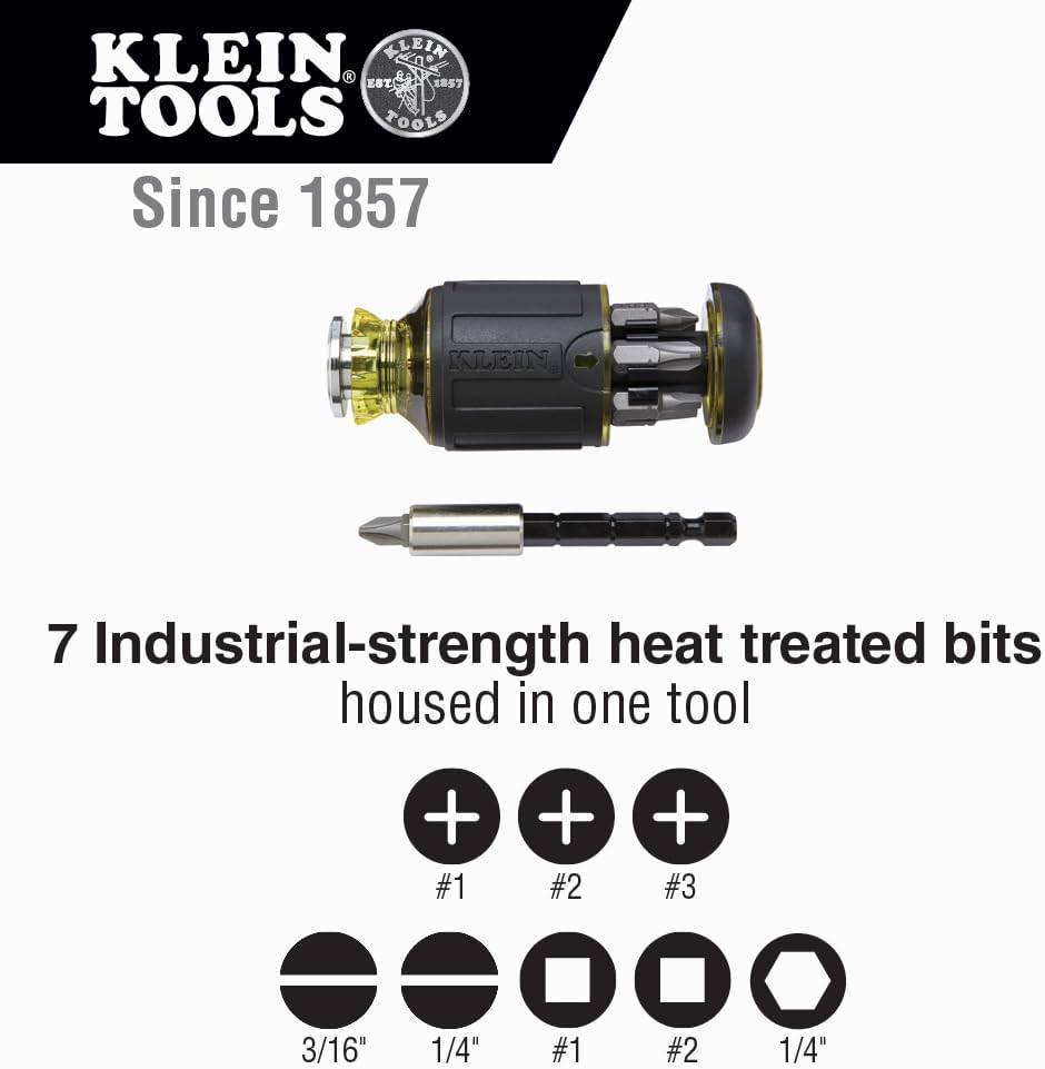 Klein Tools 32308F Impact Driver Set, 10-in-1 Stubby Screwdriver Driver Set, Hex Flip Socket, 7 Bits, 1/4-Inch Bit Holding Feature, 10-Piece