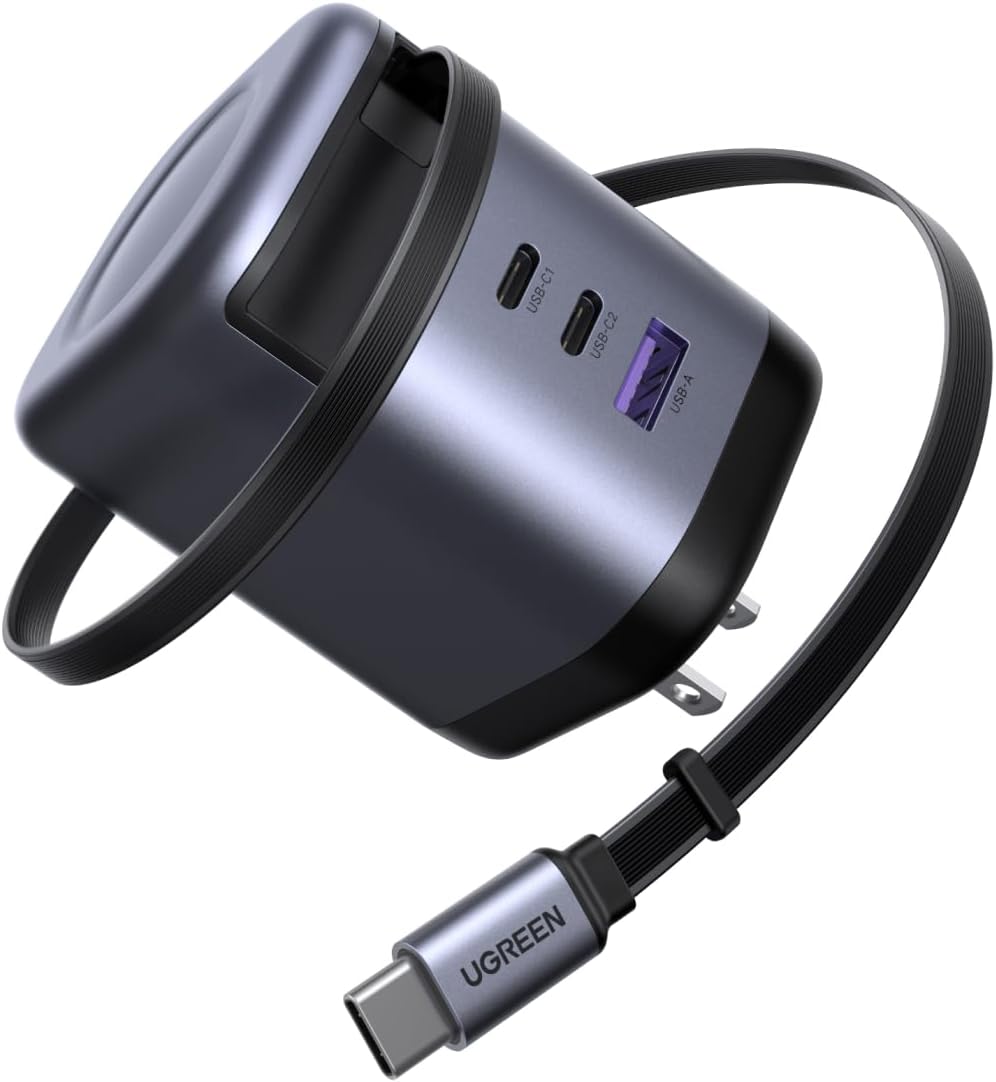 UGREEN Nexode 100W GaN 3-Port USB-C Charger for MacBook & iPhone | Built-in retractable cable, GaN tech, Wall adapter. Powers for laptops, iPhones, DJI drones