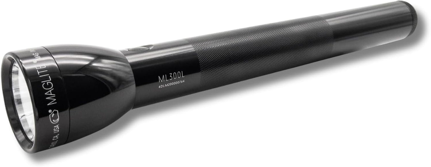 MagLite High Lumens LED Flashlight – ML300L 4-Cell D Flashlight with Adjustable Focus for Precise Beam, Long Battery Life, Water-Resistant for Emergency, Outdoor, and Camping – Black