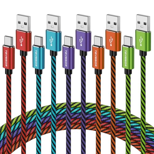 Teyssor USB C Cable 10FT 5-Pack Nylon Braided USB A to Type C Fast Charging Cord Compatible with Samsung Galaxy S24 S23 S22, Note 20 10 9 8, Moto G7 G8