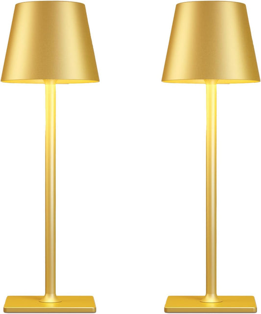 Yogaret Gold Rechargeable Cordless Table Lamp, Battery Operated, 2 Pack | 6000mAh battery lamps waterproof wireless portable design for outdoor patio, dining tables, kitchens, restaurants home bar
