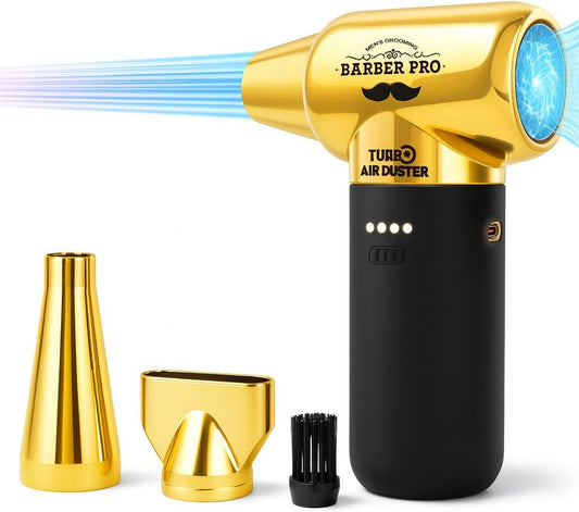 Compressed Air Duster - Electric Duster for Hair Barber, 3 Gear Mini Portable Jet Dry Air Blower, for PC, Office,Salon, Fan, Laptop, Keyboard, Car -Black Gold