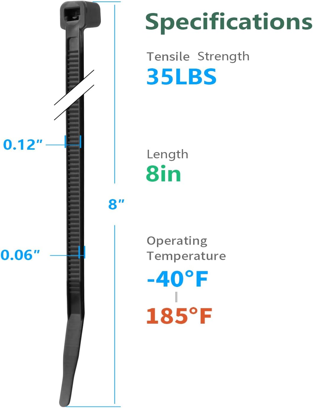 8 Inch Black Zip Ties 1200 Pack, 35 LBS Tensile Strength, Self-Locking Nylon UV Resistant Cable Ties for Indoor and Outdoor