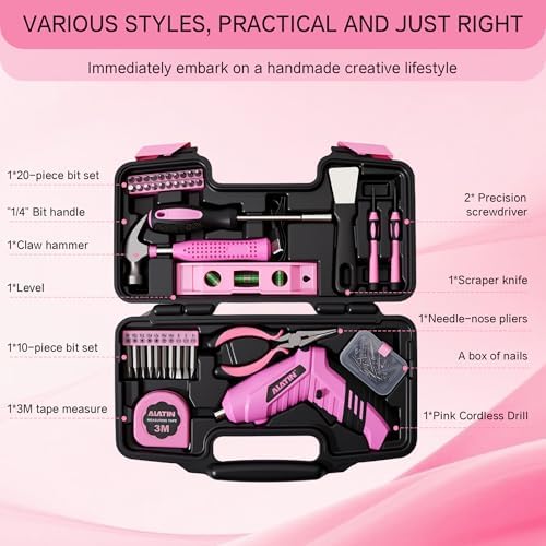 Pink Cordless Screwdriver Tool Set, 40-Piece Household Hand Tool Kit | With 3.7V Rechargeable Electric Screwdriver, Hammer, Pliers, Nails for Home Maintenance DIY Beginners