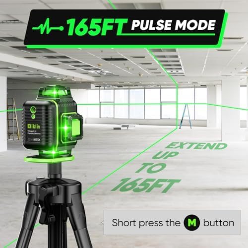 Elikliv Laser Level with Tripod, 4x360° lazer leveler tool | 165Ft Green Laser Level Lines Tool, 360 Self Leveling for Construction, Picture Hanging, Floor Tile, Renovation