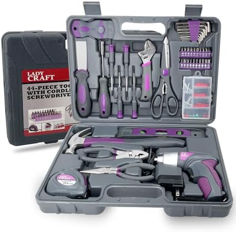 4V Cordless Screwdriver Tool Kit Set Purple Tool Lady 44PCS | Home tool set,small DIY projects, lightweight design,right weight for women,women/girls gift,storage case