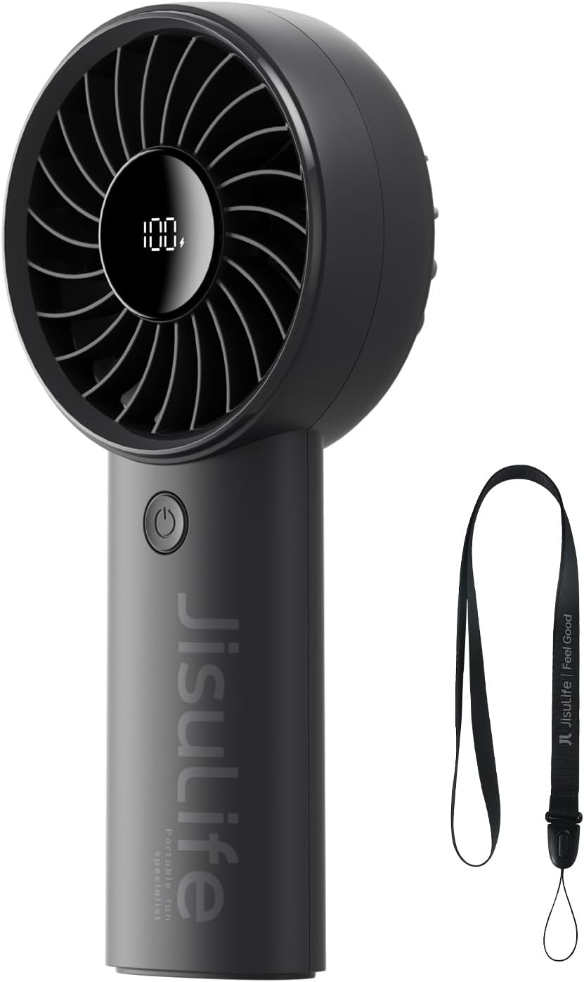 JISULIFE Handheld Portable Fan, 5000mAh Stronger and Longer-Lasting Battery | 5 Speeds, 12-Blade Turbo For Powerful Wider Wind, LED Display, Rechargeable Personal Fan for Travel Concerts Makeup-Black
