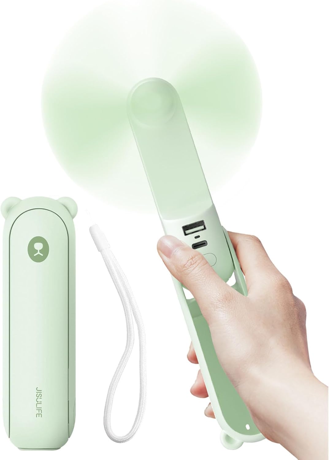 JISULIFE Handheld Fan 8 Plus: 40H Cooling & 4500mAh PowerBank & Flashlight | USB Rechargeable, Portable Pocket Size for Travel, Makeup, Concerts, Summer Gifts for Women(Green)
