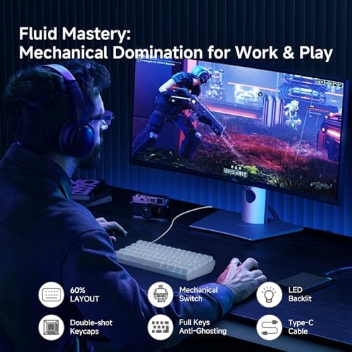 TMKB 60% Mechanical Gaming Keyboard, Red Linear Switch, Wired, White | LED Backlight, Anti-Ghosting, Detachable USB-C, Double-Shot Keycaps, 61 Keys